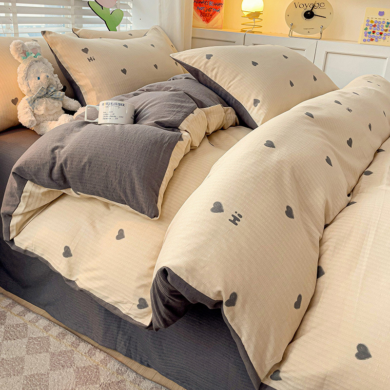 Picture of Class A Maternal and Infant Grade Fresh Small Zhu Cotton Four-piece Set Washed Cotton Bed Sheet Quilt Cover Three-piece Set for Student Dormitory