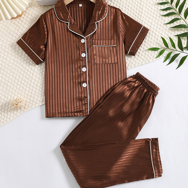 Spring and Summer Children's Silk-like Pajamas Short-sleeved Pants Suit Middle and Large Children's Home Clothes Boys' Cardigan Solid Color Home Clothes