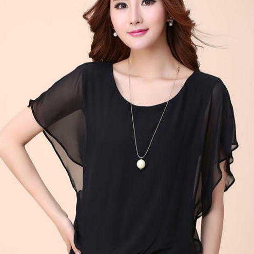 Picture of Foreign Trade Summer New Korean Style Slim-fit Mid-length Short-sleeved Chiffon Top Large Size Loose Base Shirt Women's Small Shirt