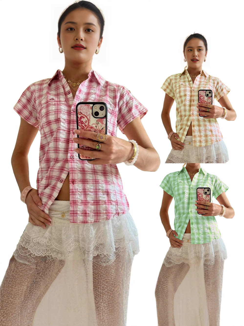 European and American Cross-border Short-sleeved Plaid Shirt Women's Summer New Design Sense Niche Loose All-match Y2K Style Thin Shirt