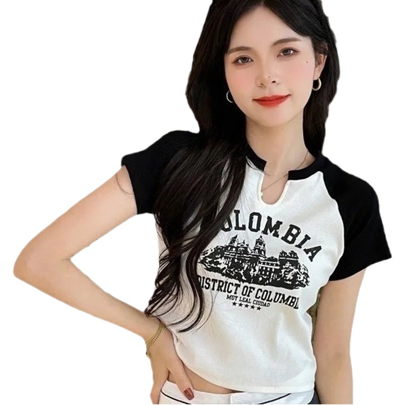 Korean Fashion Letter Printing Retro Short-sleeved T-shirt Women's Summer Western Style Irregular Design Sweet Hot Top Ins