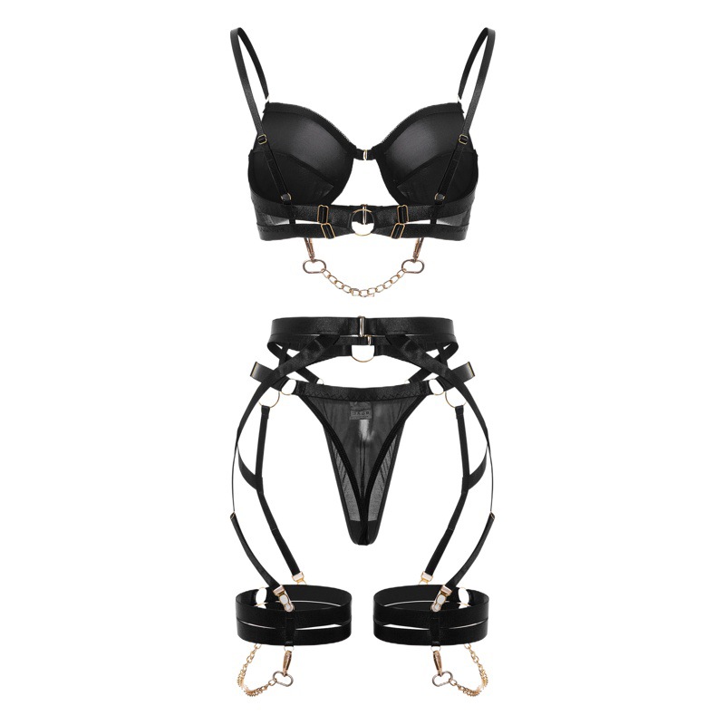 Foreign trade European and American new women's pajamas temptation metal buckle interwoven stitching hollow bra sexy sexy lingerie