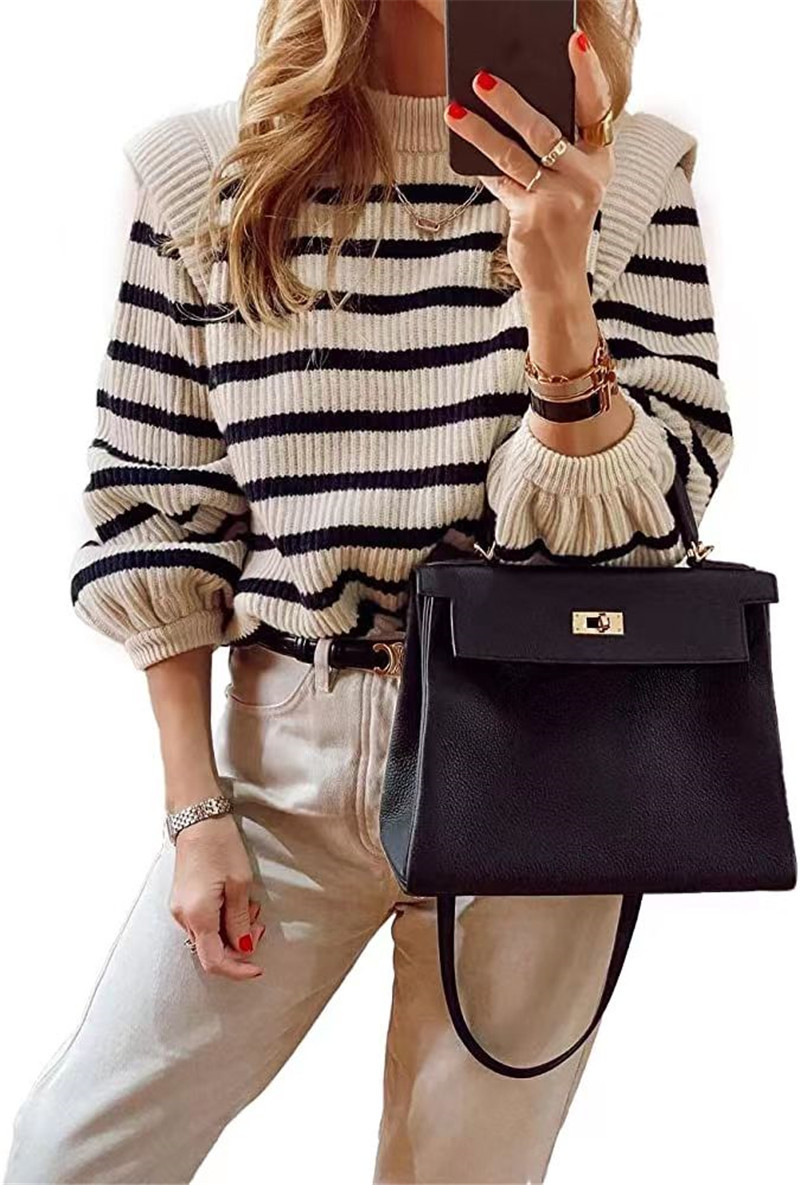 Picture of Aliexpress New 2025 Women's Fashion Striped Round Neck Puff Sleeve Sexy Knitted Sweater