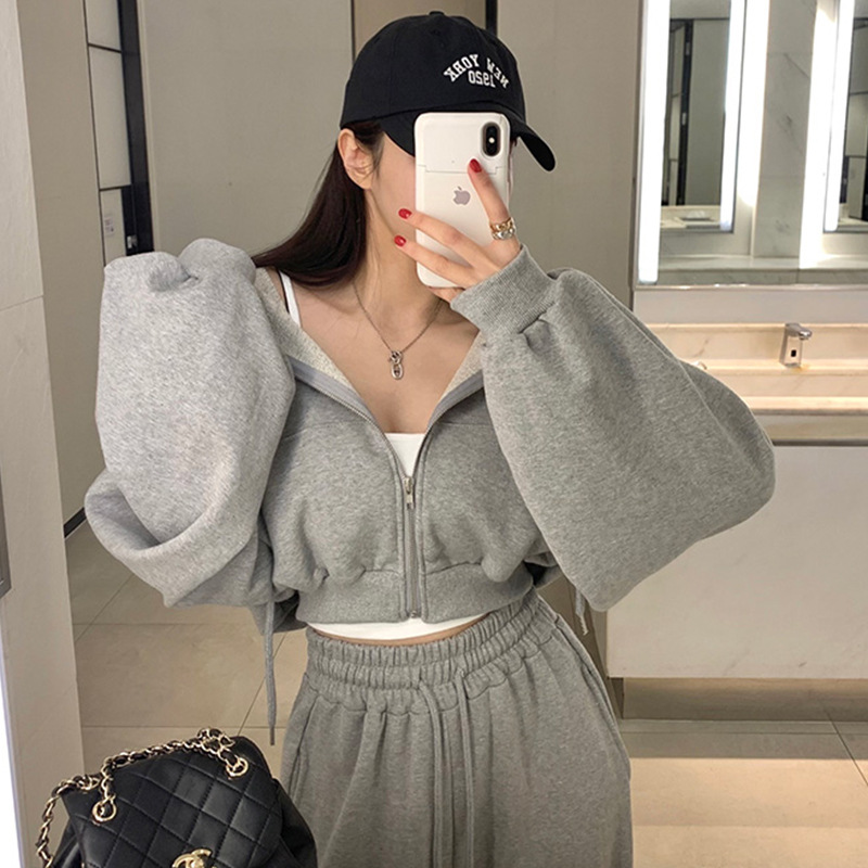 2023 Korean chic autumn niche temperament hooded long sleeve short sweater high waist lace-up all-match wide leg pants suit