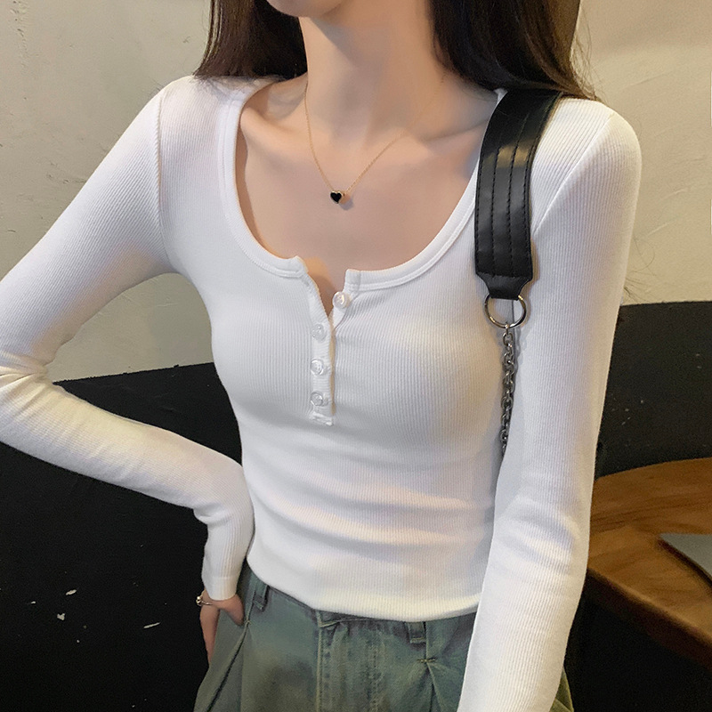 Half-open collar hot girl slim T-shirt women's bottoming shirt spring autumn thread button long sleeve top fashion ins fashion