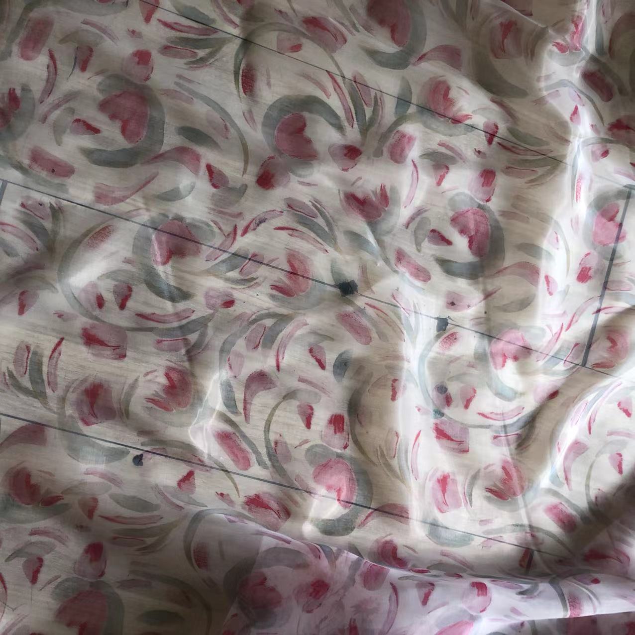 Xiaojun Textile Organza Printed Rose Flower Oil Painting Rose Pink Printed Wedding Dress Fabric Dress Fabric