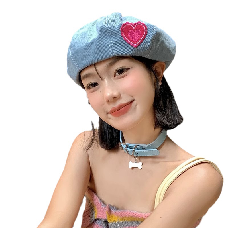 Picture of Japanese Style Retro Large Head Circumference Denim Beret Spring, Summer and Autum Women's K-Style Versatile Fashion Painter's Hat Makes the Face Smaller