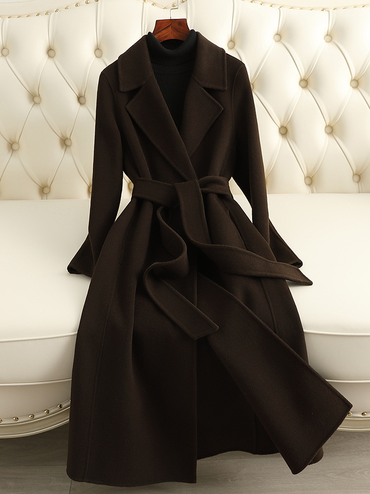 Double-Sided Cashmere Outwear Women's Mid-Length 2025 Autumn and Winter New Over-The-Knee Slim-Fitting Right-Shoulder Woolen Outwear