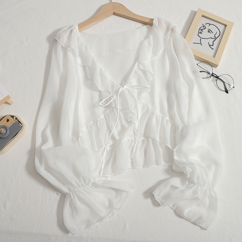 Picture of New Ruffled Chiffon Sun Protection Clothing Shawl Factory Autum with Suspender Skirt Blouse Bell Sleeve Cardigan Short Outwear