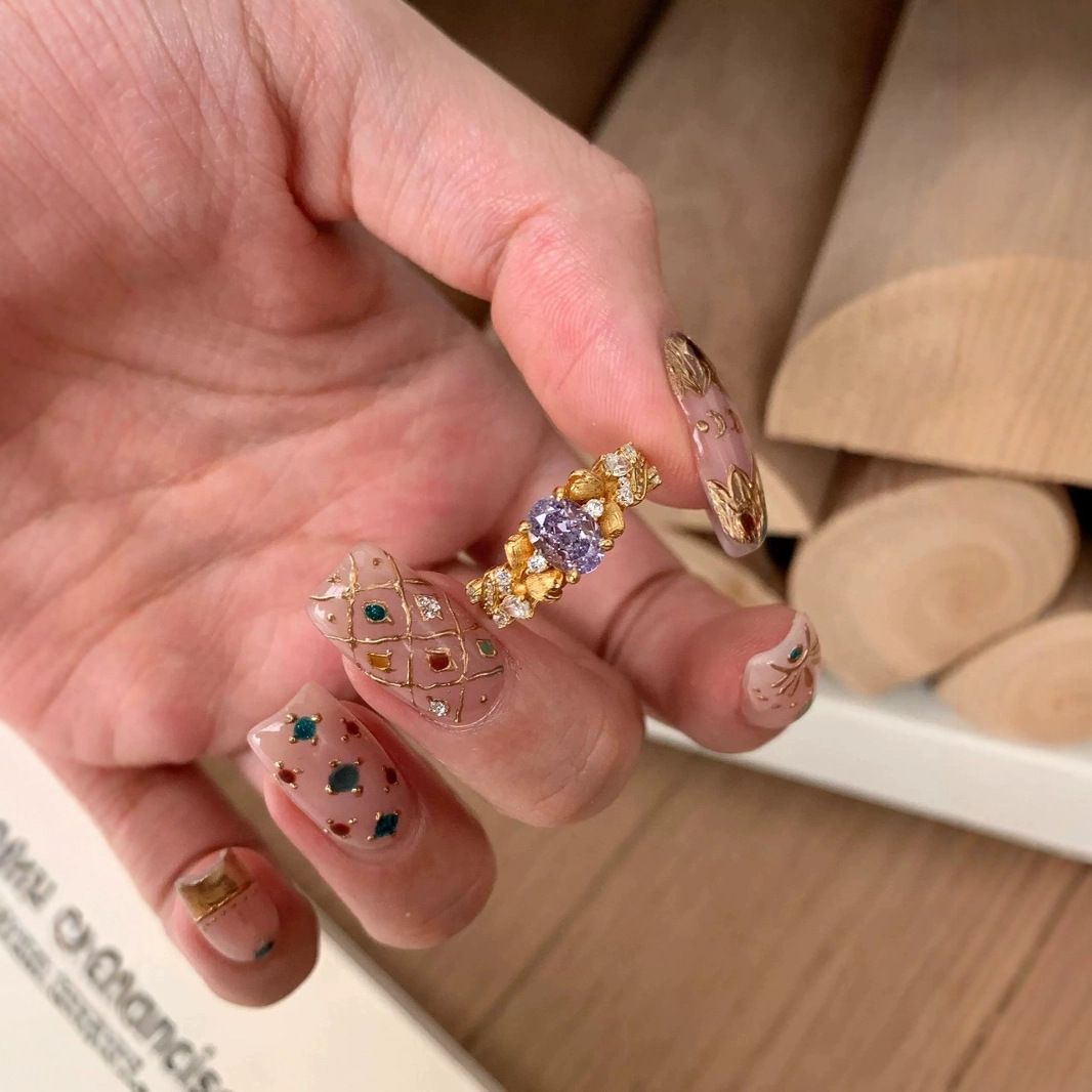 New Style of Women's Purple Silk Satin Ring, Popular on Xiaohongshu, Light Luxury Retro Zircon Adjustable Ring, Chinese Style Versatile