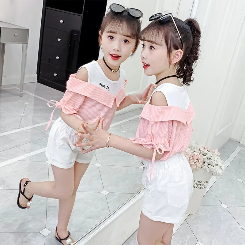 Children's Wear Summer Girls' suit Summer Wear Short-sleeved T-shirt Shoulder Top Shorts Children's Stylike Two-piece Set