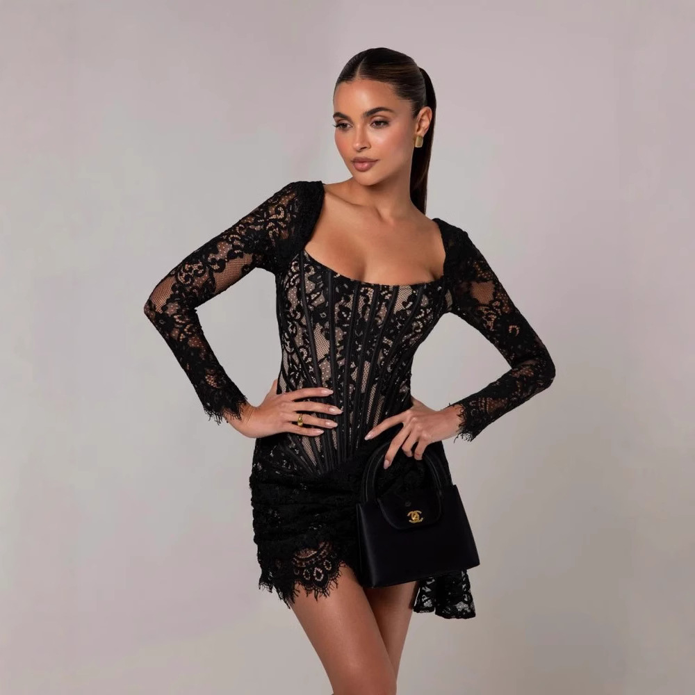 Europe and the United States cross-border tiktok explosion long sleeve sexy lace mesh fishbone waist dress autumn and winter new skirt