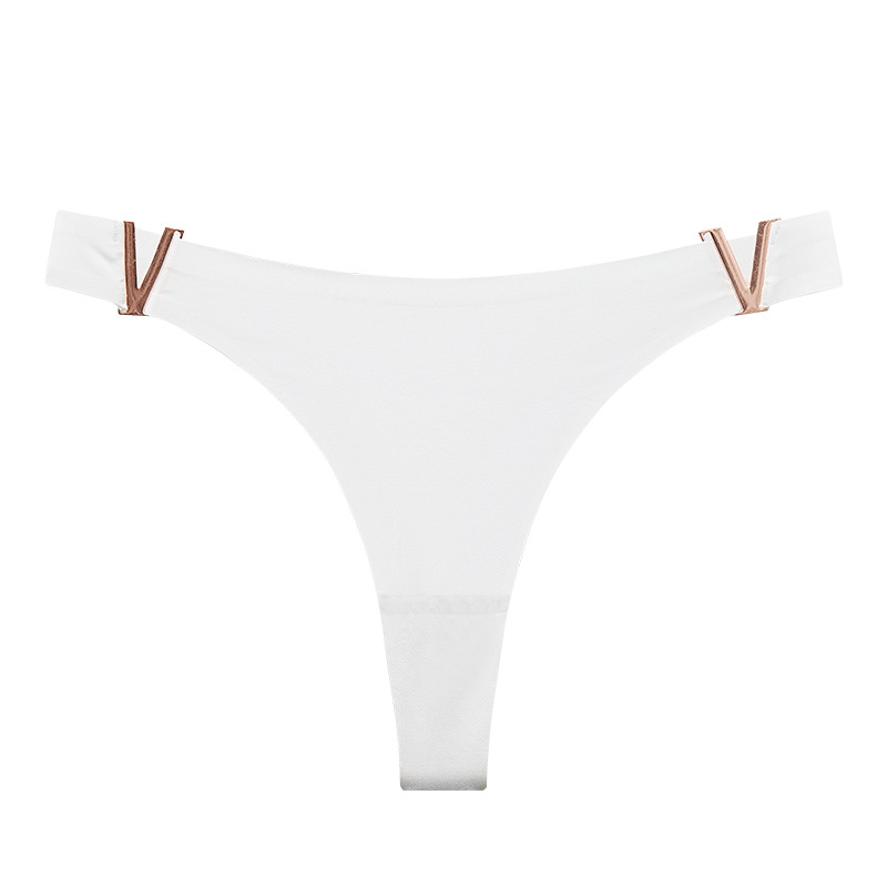 Picture of European and American sexy V-shaped metal thong ice silk underwear seamless hip lifting low waist high fork half sheath briefs for women