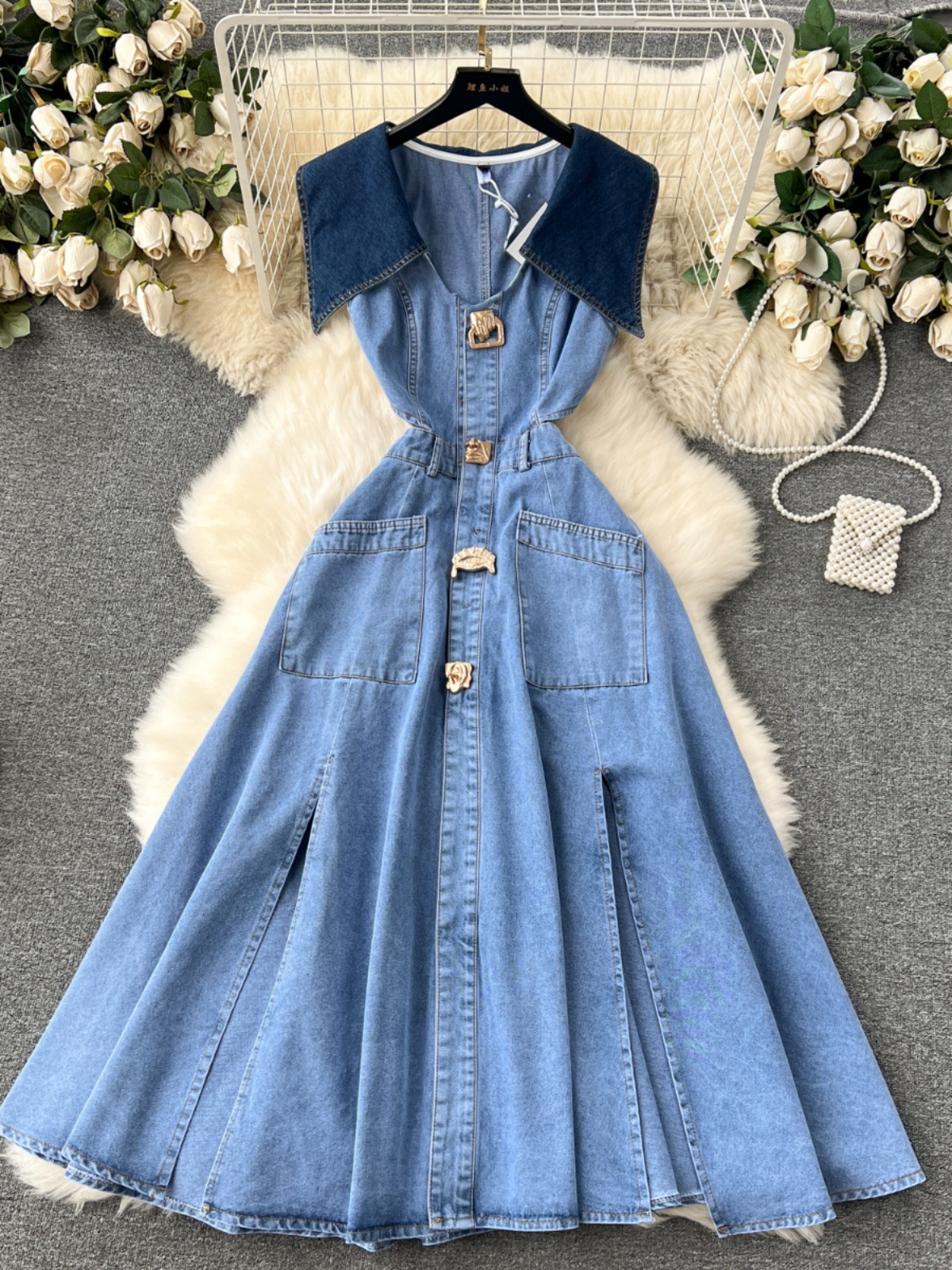 Design Sense Large Lapel Sleeveless Vests Dress Women's Masterful Hollow Open-waist Slim-fit Long Vintage Denim dress Women