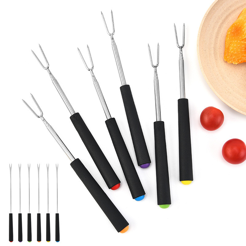 New barbecue fork wholesale outdoor portable barbecue tools barbecue fork stainless steel V-shaped creative retractable barbecue needle