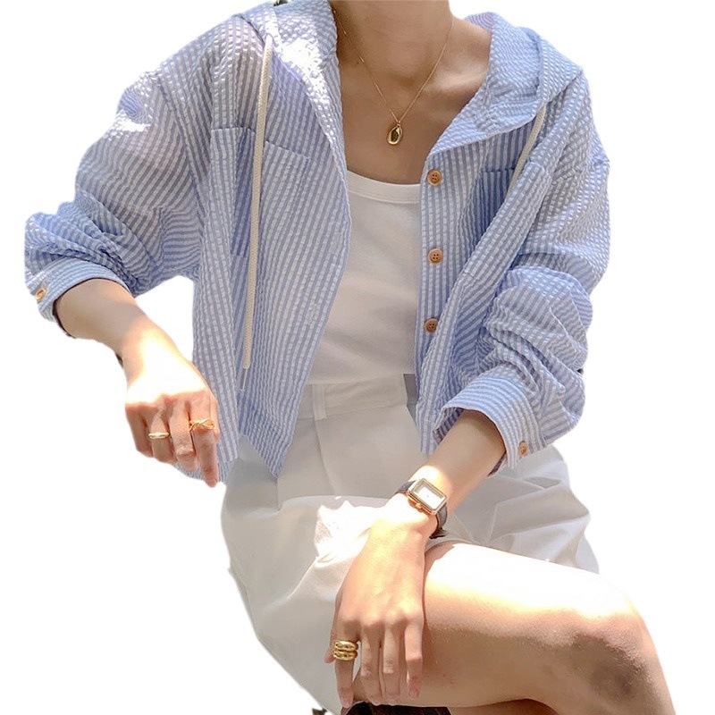 Picture of 2024 Summer Elegant All-match Single-breasted Striped Contrast Color Short Loose Long-sleeved Sunscreen Hooded Women's Shirt