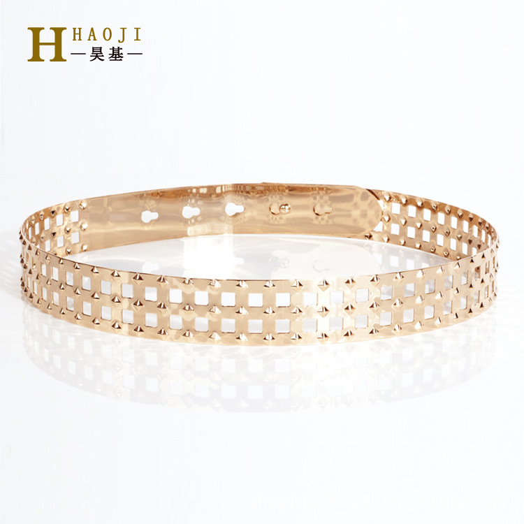 Wholesale European and American accessories punk rivet full metal cassette ladies decorative belt gold dress wide belt