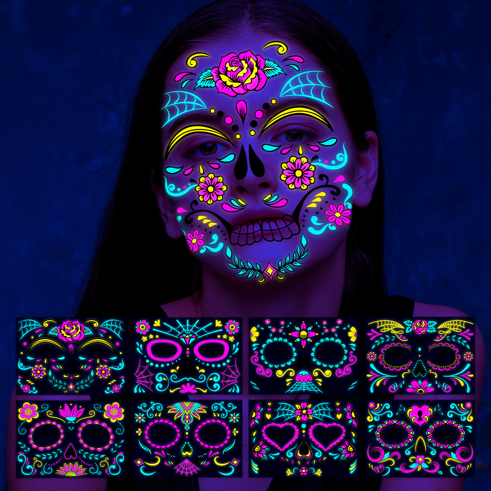 2023 cross-border new Halloween fluorescent funny death face stickers tattoo stickers makeup ball neon tattoo stickers