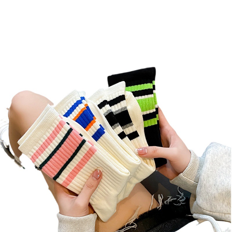 Striped mid-tube socks for children autumn 2023 new solid color cotton socks for students all-match outer wear fashionable mid-tube socks for women