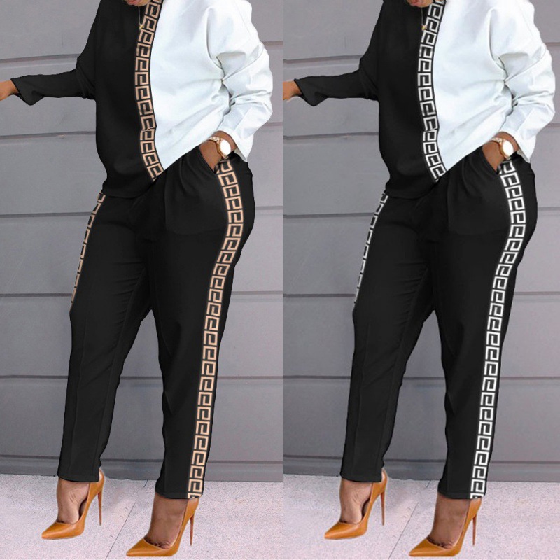 9788# Cross-border Fall/Winter New Products Amazon European and American Women's Fashion Contrast Printing Long Sleeve Loose Casual suit
