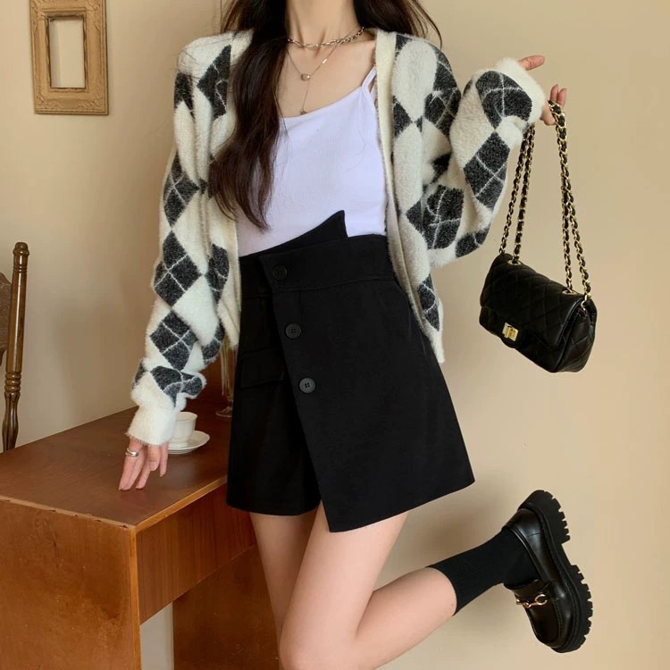 High waist oblique breasted irregular short skirt for women 2023 autumn new slimming A- line skirt pants suit wide leg culottes