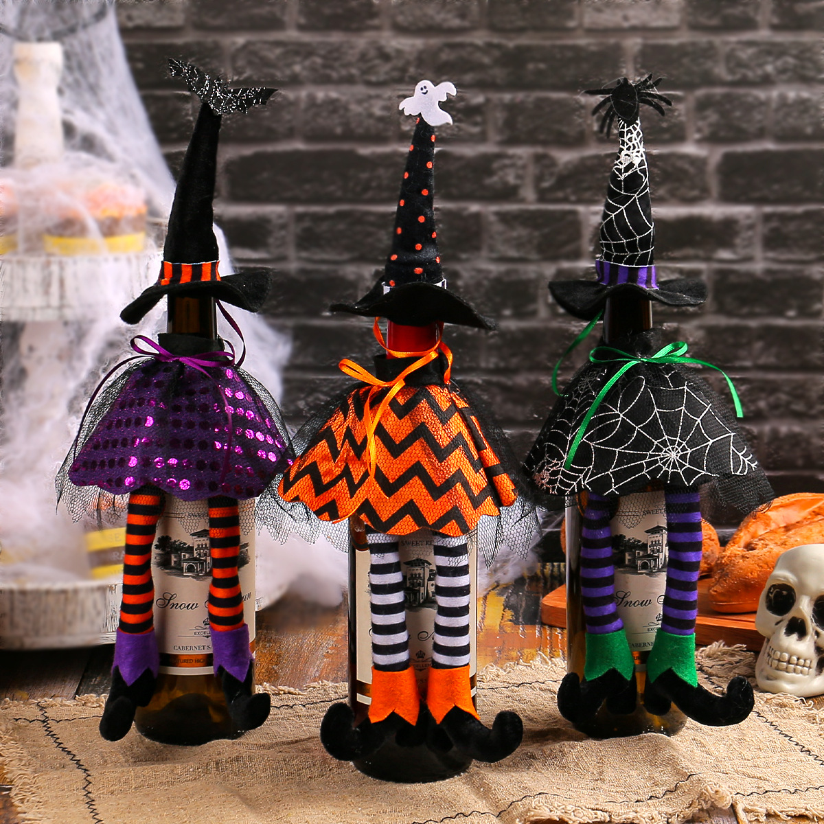 Halloween Witch Hat Long-leg Wine Bottle Set Ornaments Cross-border Table Atmosphere Champagne Red Wine Bag Table Decorations