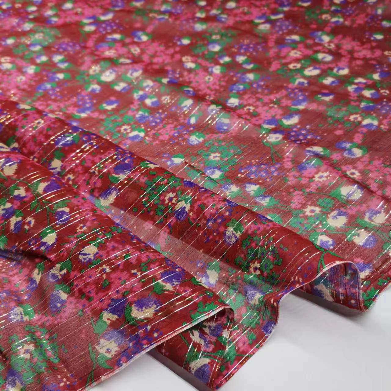 Silk gold and silver thread is smooth and colorful printed 130cm door width ancient silk scarf fabric