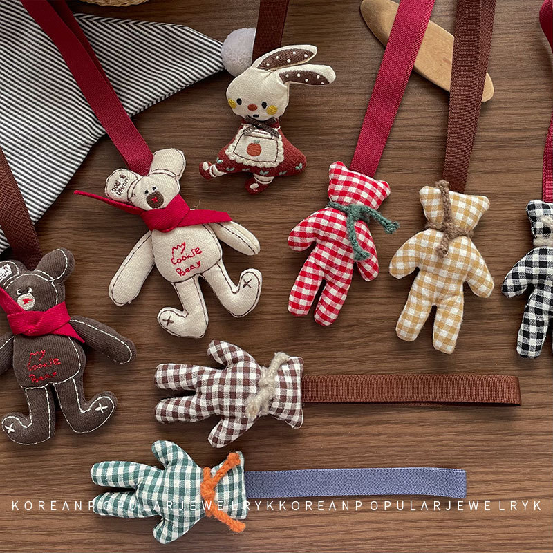 New Korean-style Cartoon Fabric Lanyard Autumn and Winter Clothes Wear Accessories Sweet Plaid Bear Bunny Cotton Pendant