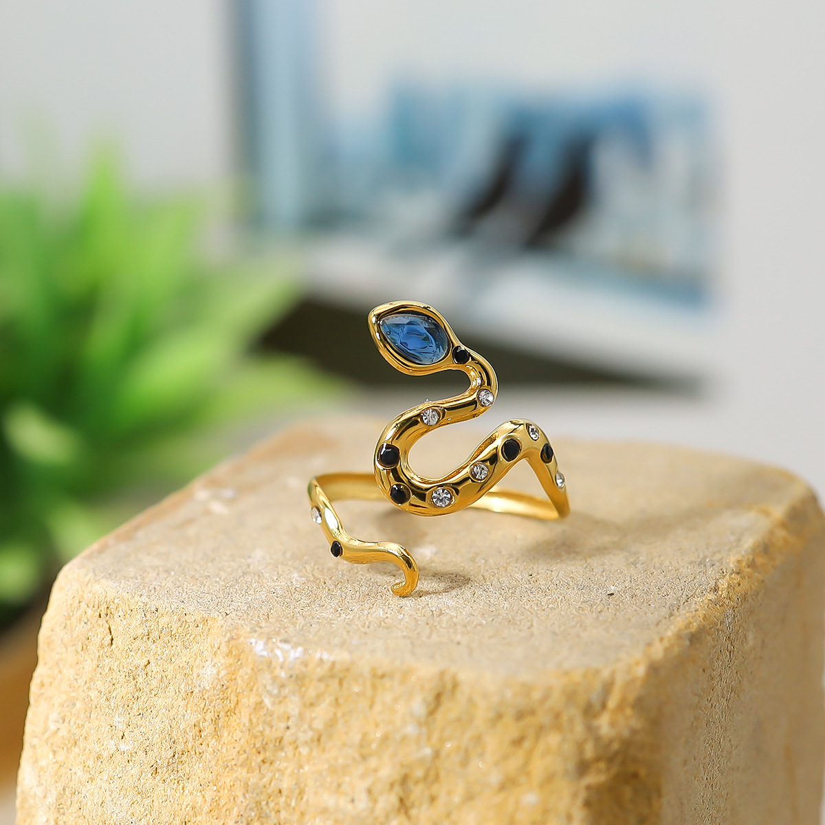 Picture of French blue zircon snake-shaped titanium steel ring 18K gold plated non-fading open ring foreign trade new bracelet wholesale