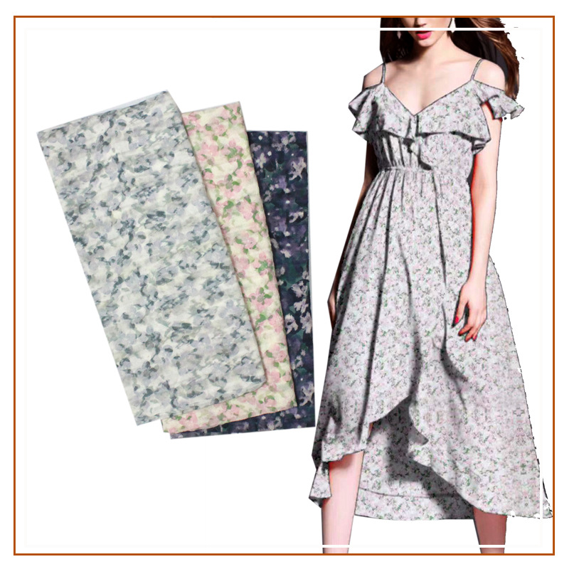 Three-Spray Grids Small Floral Printed Fabric Women's Dress Shirt New Spring and Summer Fabric Semi-Transparent Plaid Fabric