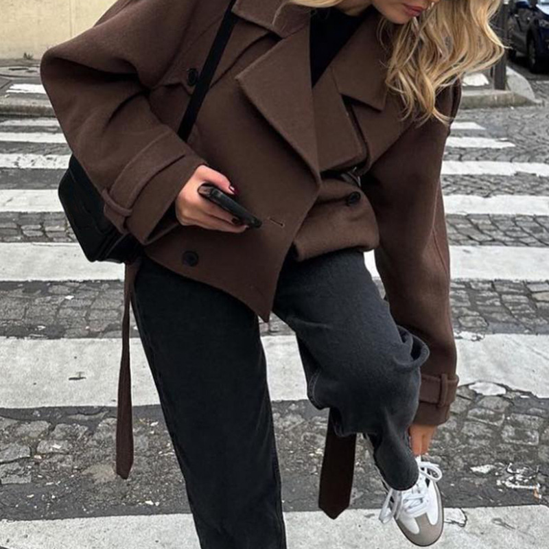 Picture of European and American cross-border 2023 autumn and winter women's woolen coat personality Street suit collar lace-up long-sleeved jacket coat for women