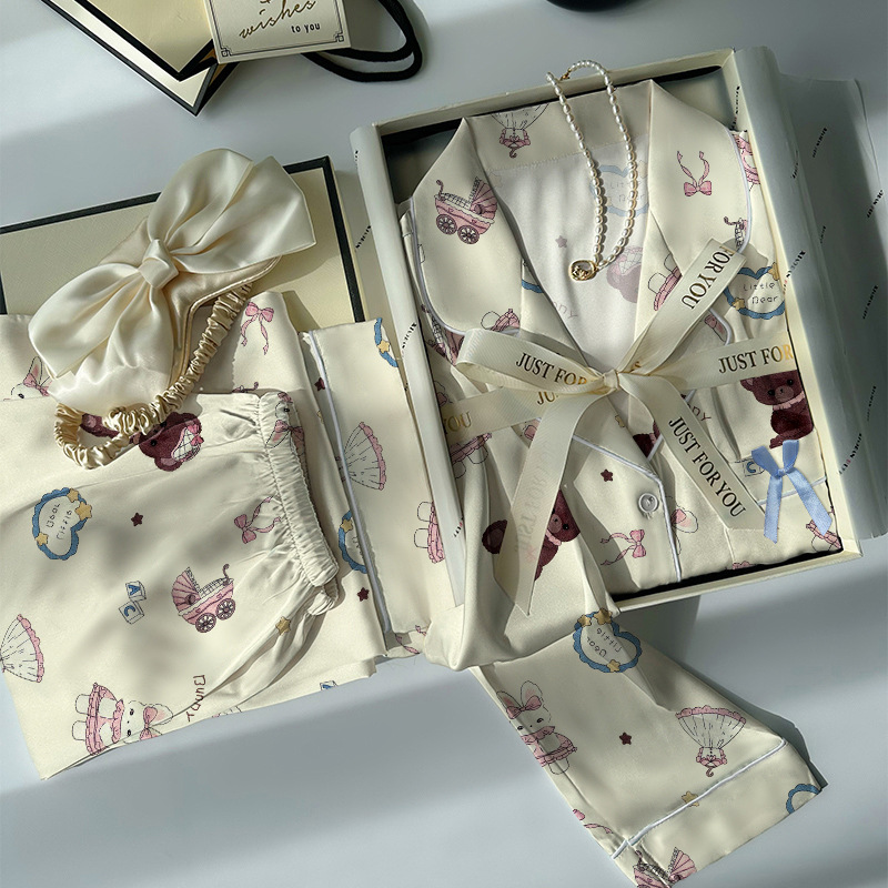 Picture of Ice Silk Pajamas Women's Spring and Autumn New Girly Cartoon Printed Long Sleeve Silk Thin Home Clothes Real Shot Wholesale