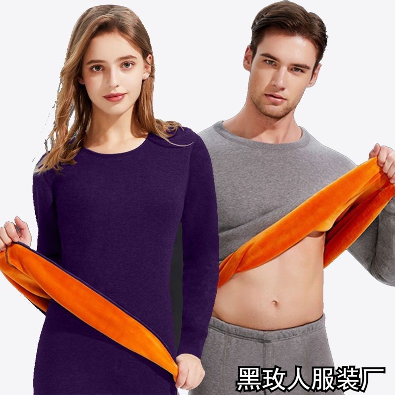 Golden velvet thermal underwear for men and women, thickened fleece autumn clothes and long pants, youth crew neck couple suit, thermal underwear