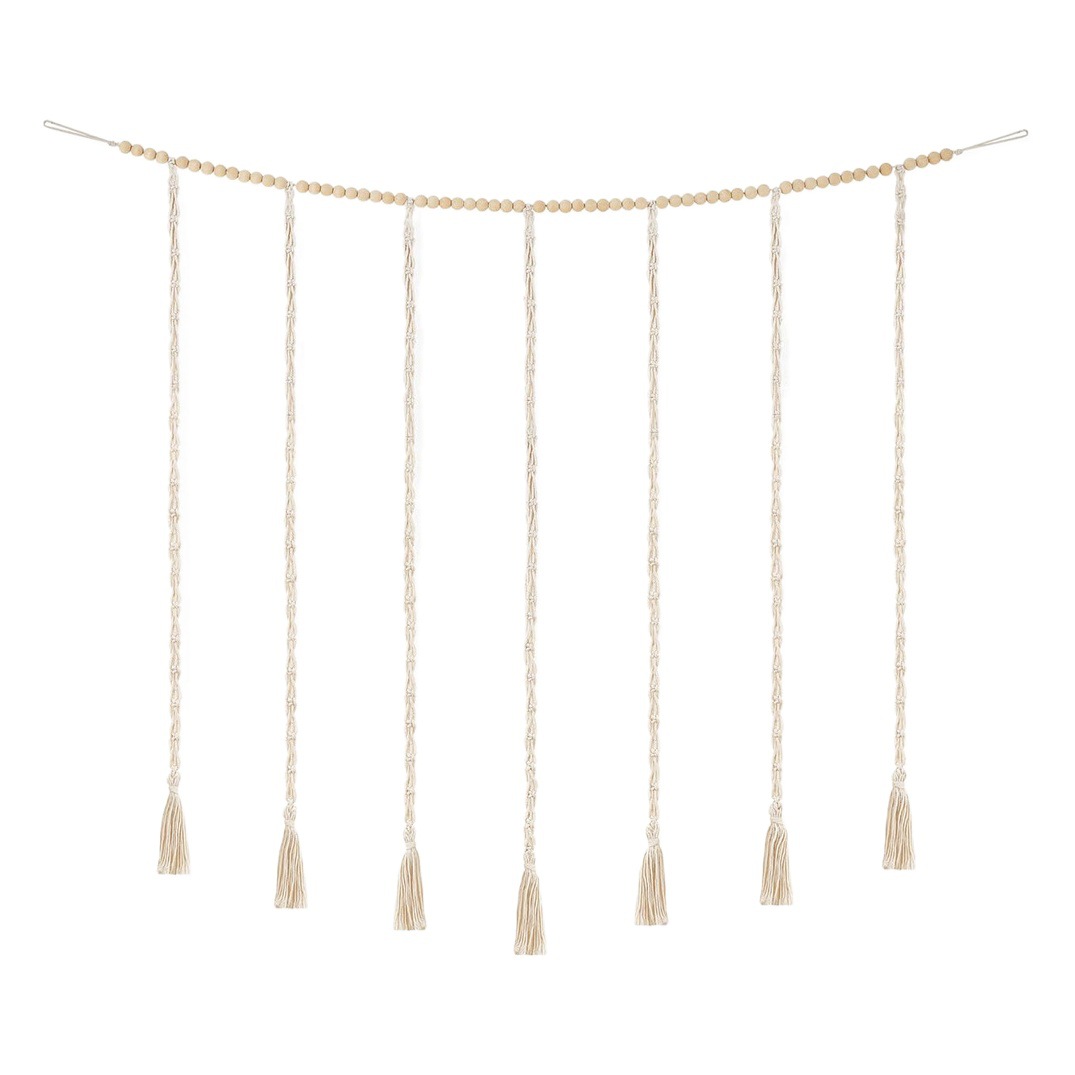 Wooden beads string hanging photo display wood color wooden beads cotton rope woven tassel wooden clip photo storage decoration