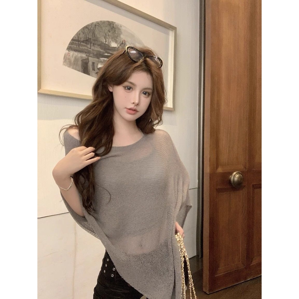 Vintage thin sexy slanted shoulder sleeveless knit for women's summer new sun protection clothing irregular cape cover-up top
