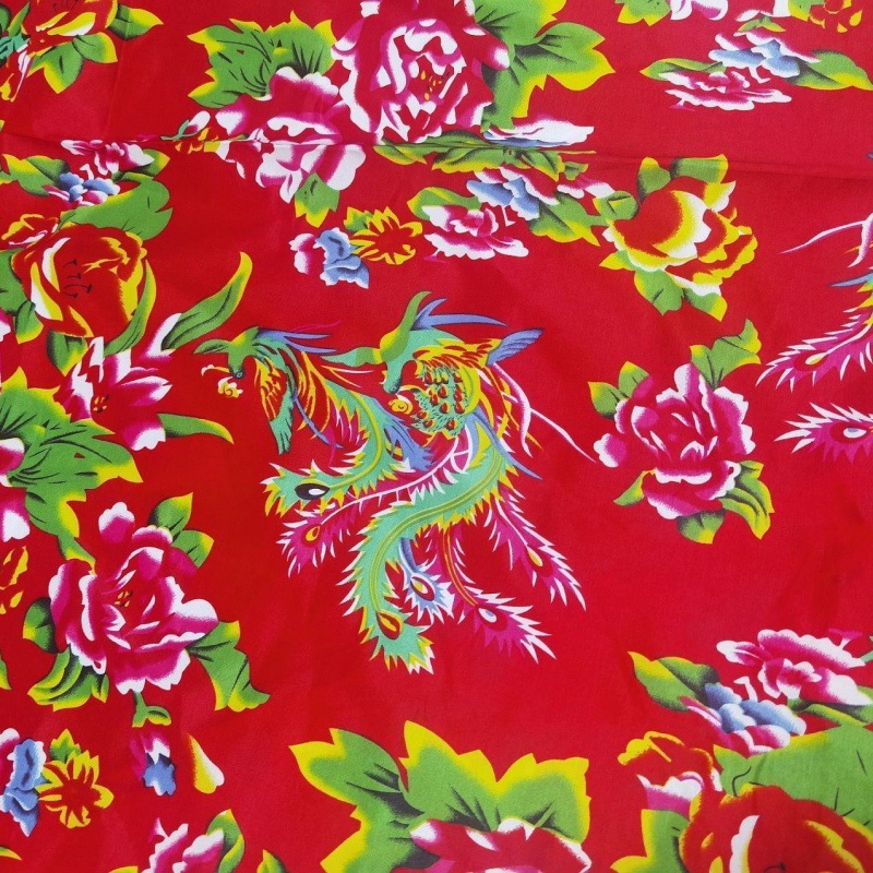 Wind big red flower cloth Phoenix opera Northeast big flower cloth cheongsam dress cotton and linen printed fabric