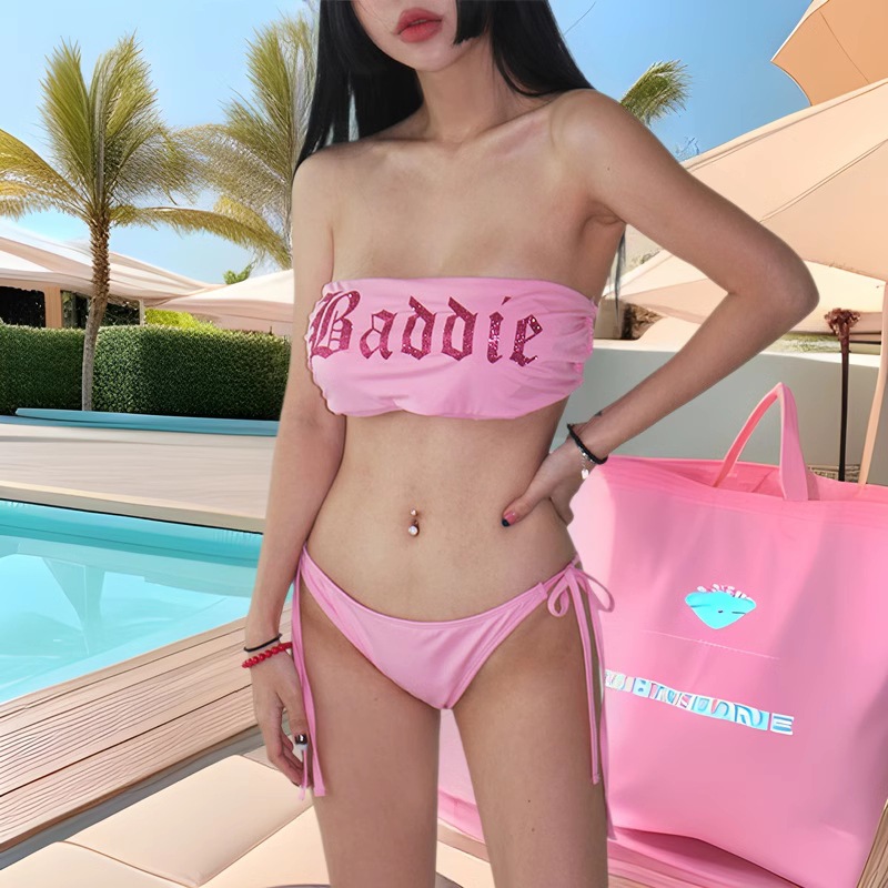 Factory wholesale new Korean version of bikini sexy beautiful back letter printing tube top slim split triangle swimsuit women