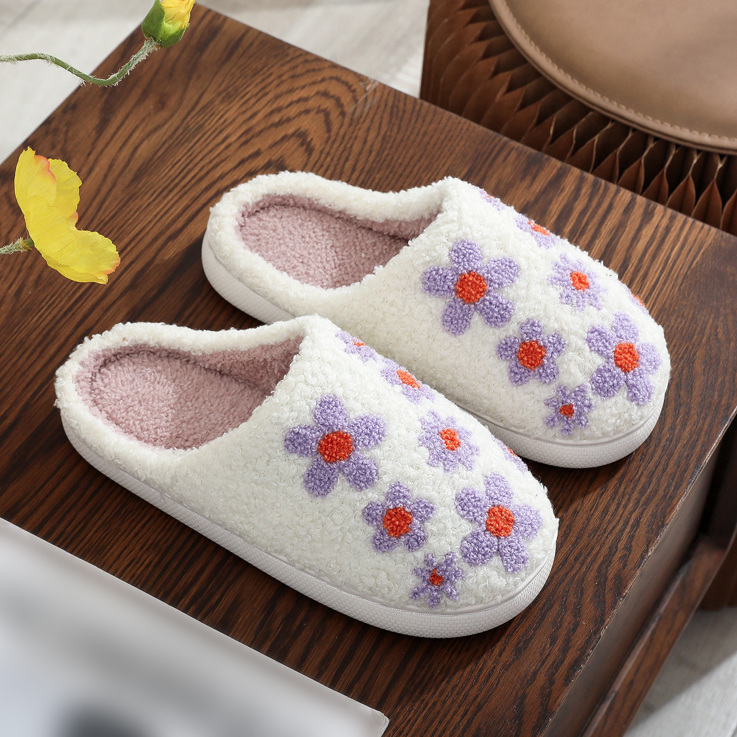 Picture of Ins Korean version of purple lilac embroidered cotton slippers autumn and winter indoor wool slippers cross-border for TEMU explosions