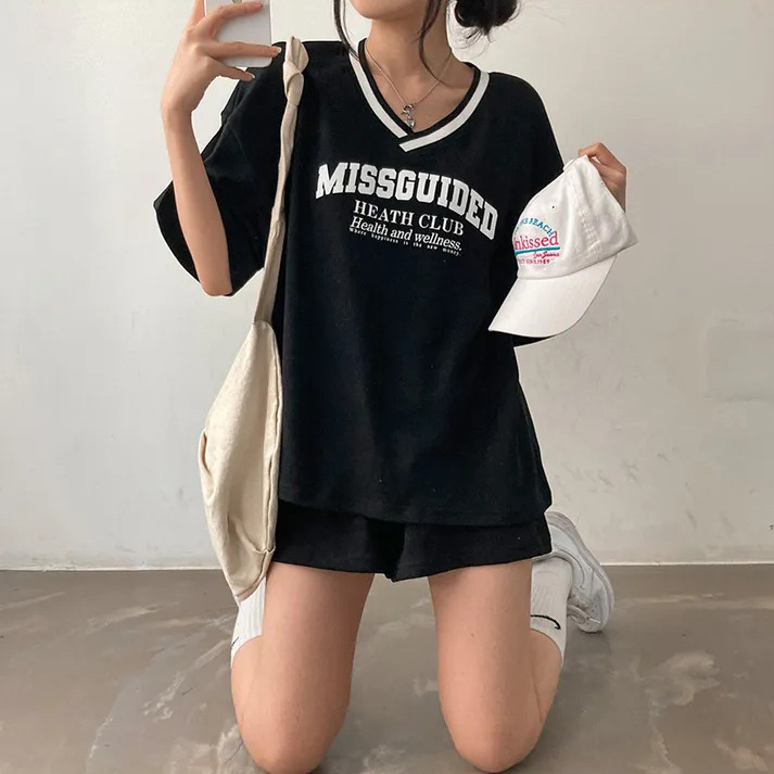 3-color Korean-style Cotton V-neck Set Women's Foreign Trade Short-sleeved Shorts Women's Summer Two-piece Set Fashionable Sports Black Thin