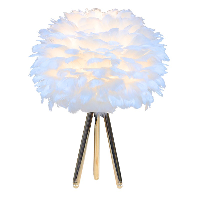 Cross-border feather table lamp gold rod trigeminal goose feather hemisphere bedroom bedside table lamp atmosphere night light wedding lamp