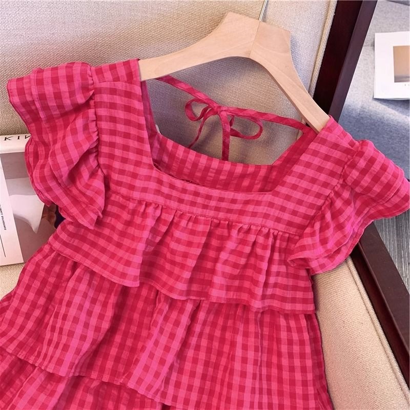 Pitaya Color Plaid Square Collar Vest Shirt Women's Summer Dopamine Petite Ruffled Small Flying Sleeve Doll Shirt