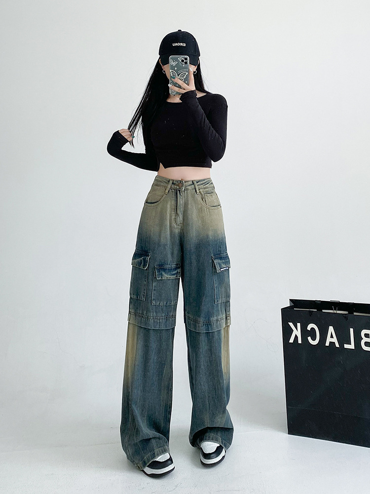 American Street Multi-Pocket Tooling Jeans Women's Autumn 2024 New Style Straight Loose Wide-Leg Trendy Pants