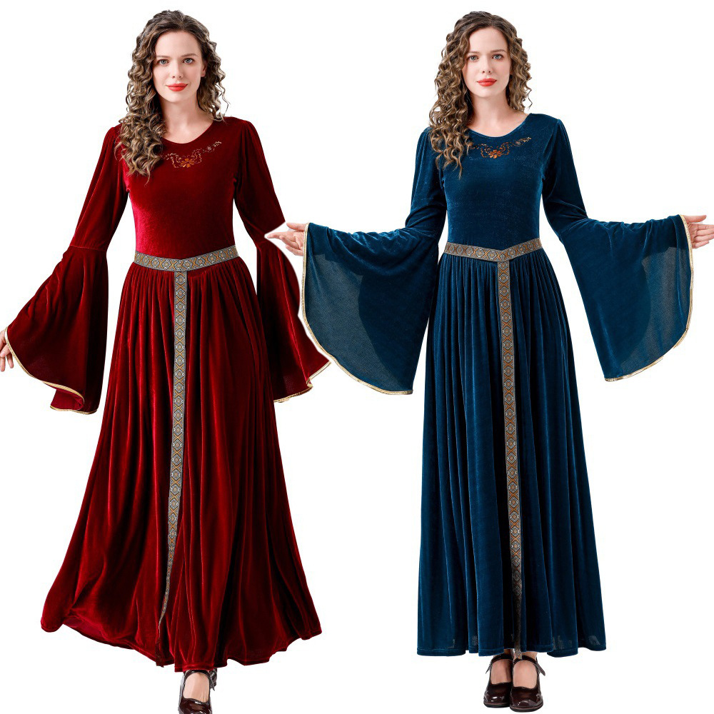 European and American Middle Ages dress Renaissance Costume Women's Halloween Costume Long Retro Long Dress with Trumpet Sleeves