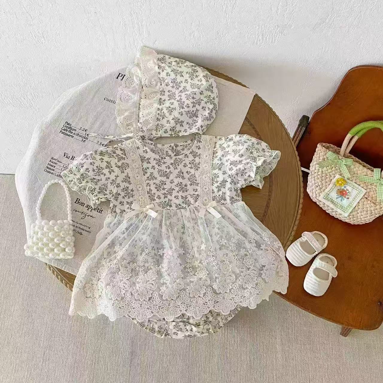 Baby Girl Summer New Style Small Fresh Jumpsuit Fashionable Floral Lace Baby Coveralls