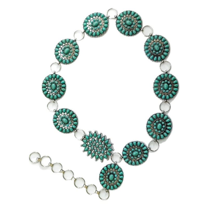Cross-Border Jewelry Waist Chain for Women Metal Carving Retro Turquoise Inlaid Aliexpress Export European and American Accessible Luxury
