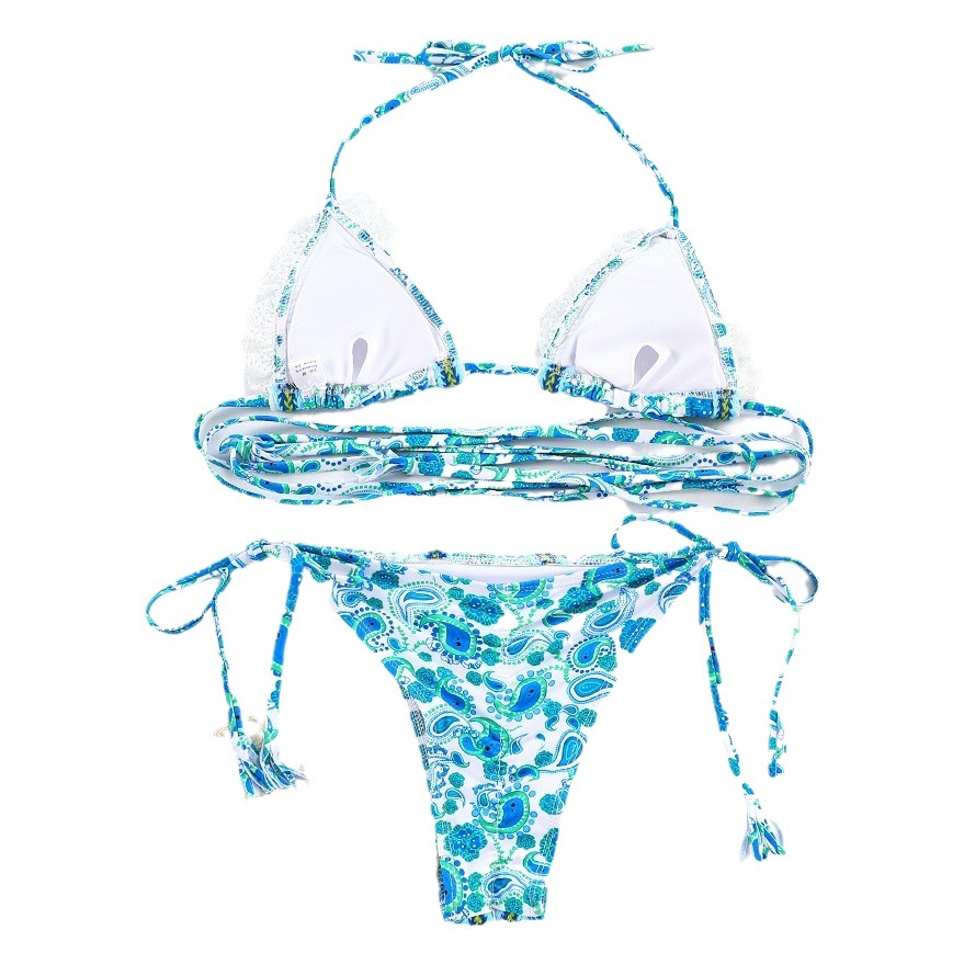 2024 Cross-Border Split Swimsuit for Women European and American Sexy Webbing Splicing Lace Strap Printed Bikini 23084