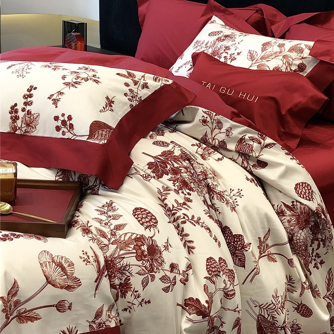 Picture of French flower wedding red cotton long-staple cotton four-piece set high-end dowry housewarming festive bedding home textile