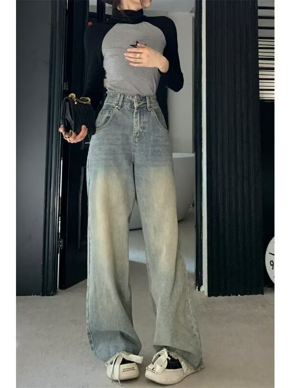 Vintage raw edge loose wide-leg jeans women's spring and summer new high-waisted narrow straight slim drape floor-length pants