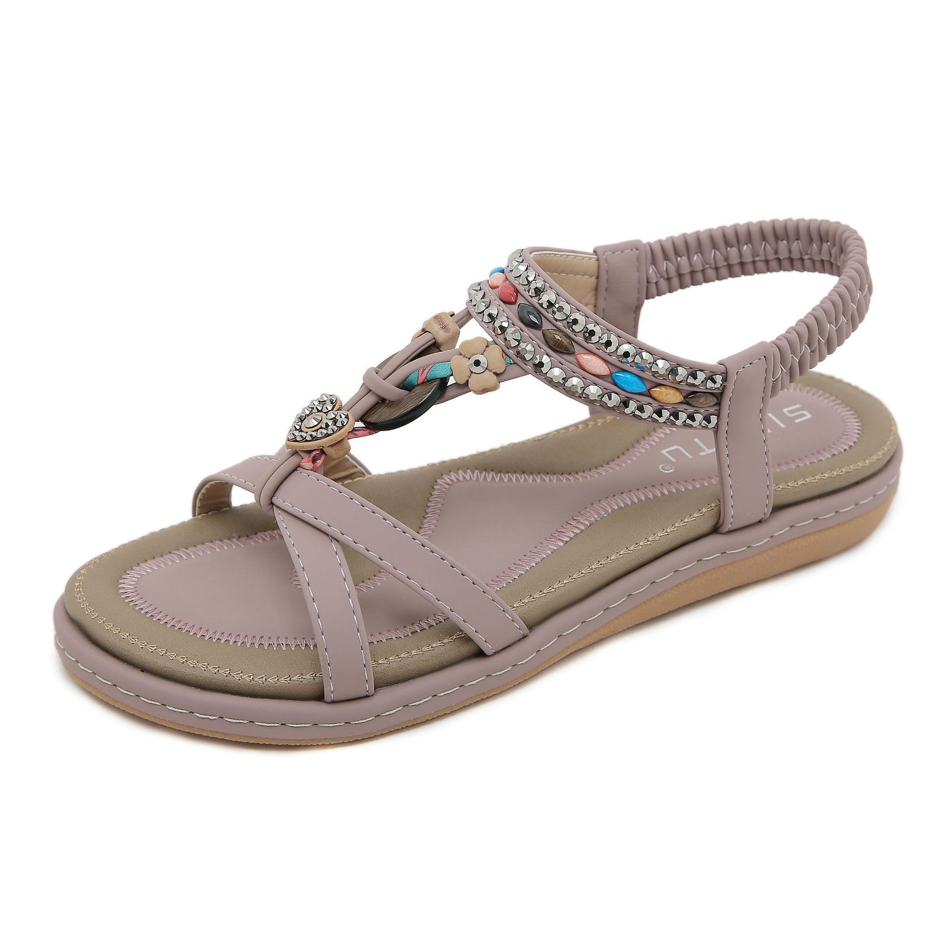 W676-4 New Style 2025 Spring and Summer Wooden Bead Buckle Decorated with Rhinestones Casual Fashion Thai Seaside Beach Flats Sandals for Women