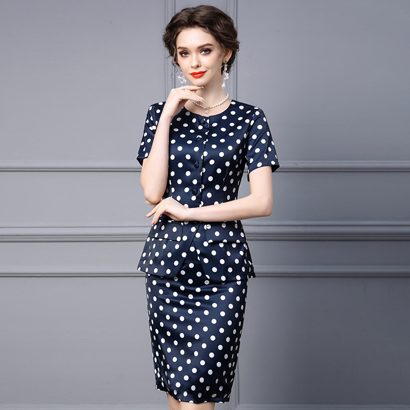 Picture of Zhili 2025 New Summer Suit for Women, Fashionable and Gentle Style, Polka Dot Round Neck, Short Suit, Hip-Covering Skirt, Two-Piece Set